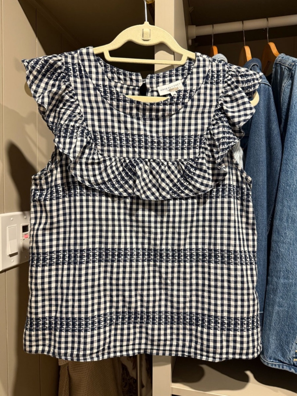 Waverly Grey Navy Gingham Smocked Ruffle Top Blouse Size M Made in USA